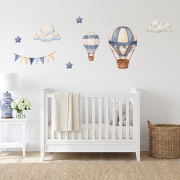 Dusty Blue Hot Air Balloons Wall Sticker Decals wall decals on a nursery wall (Full Room (Large) size)