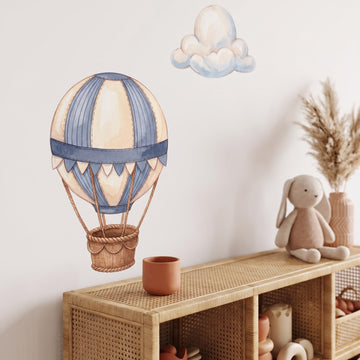 Dusty Blue Hot Air Balloons Wall Sticker Decals wall decals: a close-up of the decals from one side in a kids' room