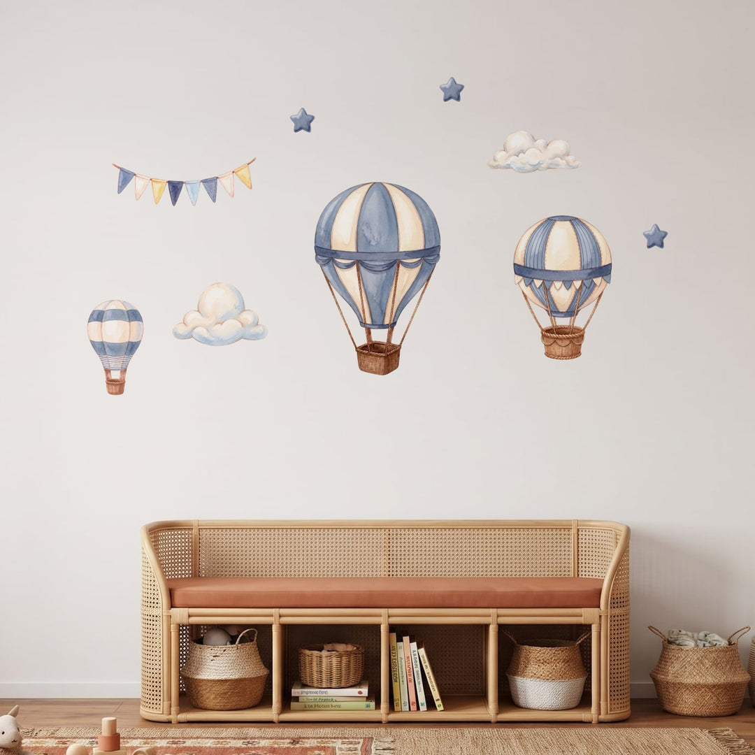 Dusty Blue Hot Air Balloons Wall Sticker Decals wall decals on a playroom wall (Feature Wall (Medium) size)