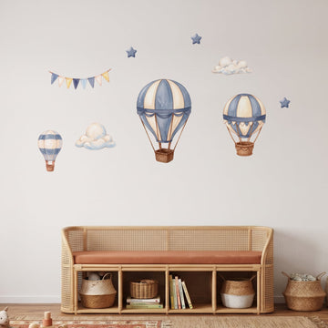 Dusty Blue Hot Air Balloons Wall Sticker Decals wall decals on a playroom wall (Feature Wall (Medium) size)