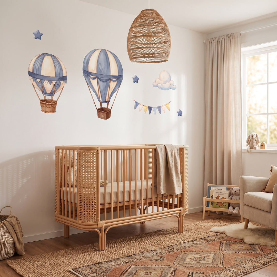 Dusty Blue Hot Air Balloons Wall Sticker Decals wall decals: the whole room from a corner in a nursery