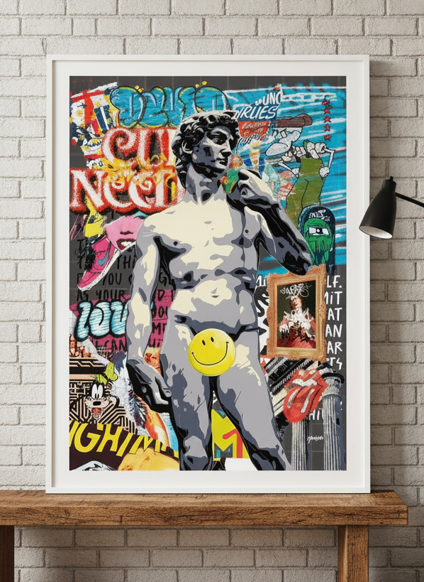 Modern wall art print standing on a bench in an industrial loft home office