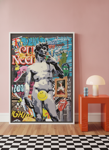 Canvas wall art with a white surround leaning against the wall in a colourful eclectic living room