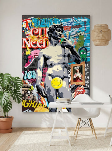 Stretched canvas wall art styled on the wall in a bright Scandinavian home office