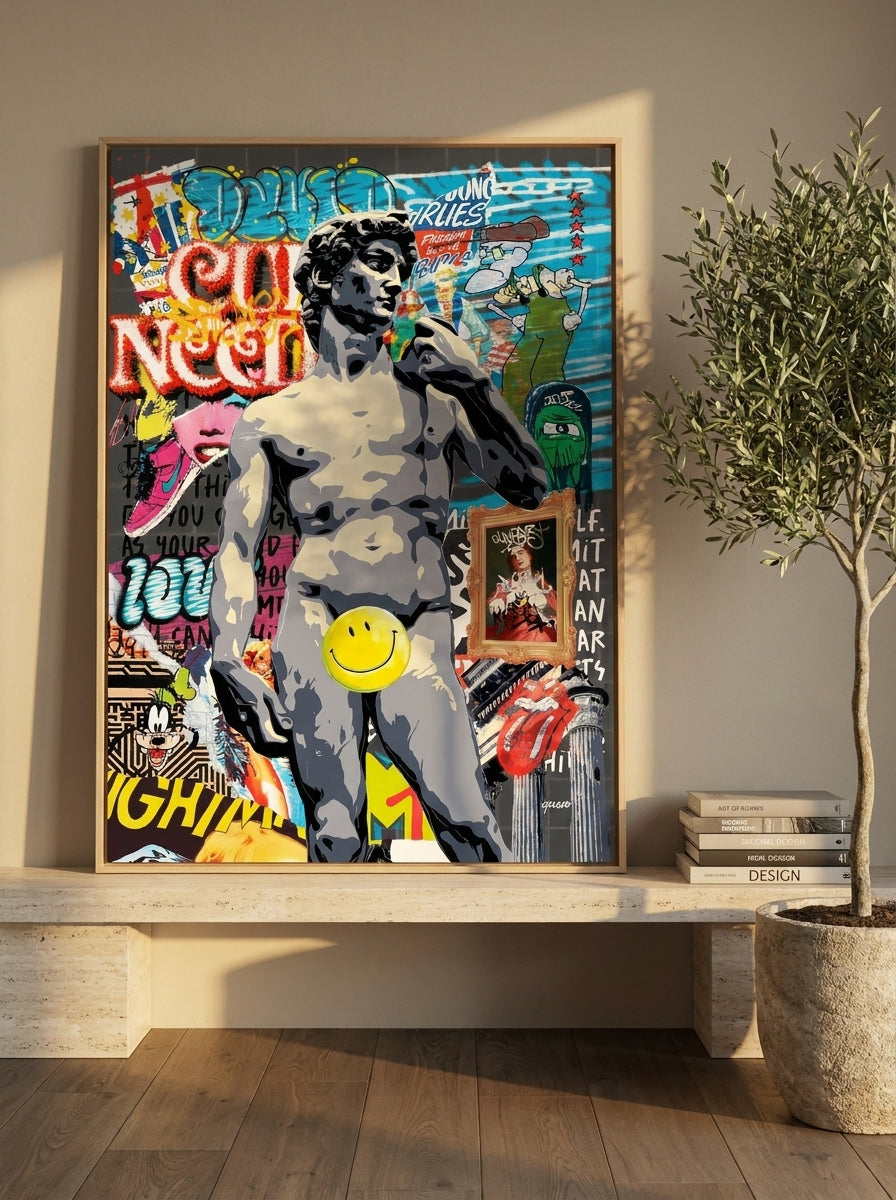 Canvas wall art with a natural timber surround standing on a console in a luxe bedroom