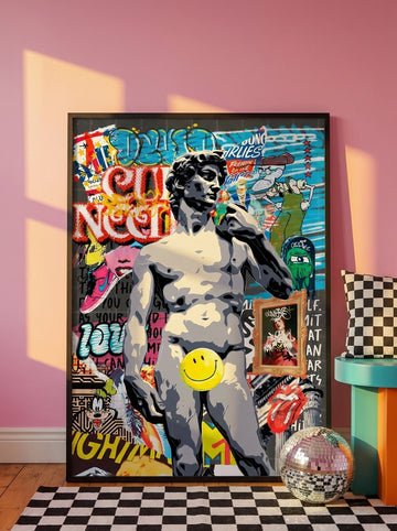 Oversized statement modern wall art print leaning against the wall in a colourful eclectic living room