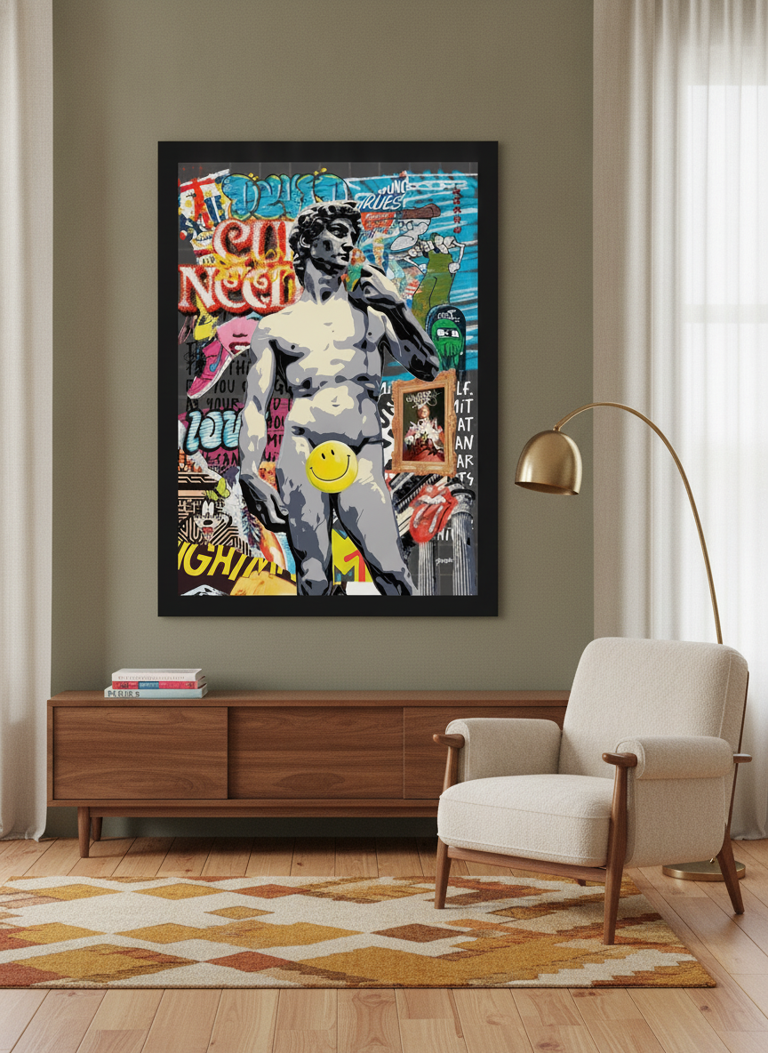Oversized statement modern wall art print styled on the wall in a mid-century living room