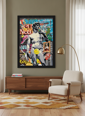 Oversized statement modern wall art print styled on the wall in a mid-century living room
