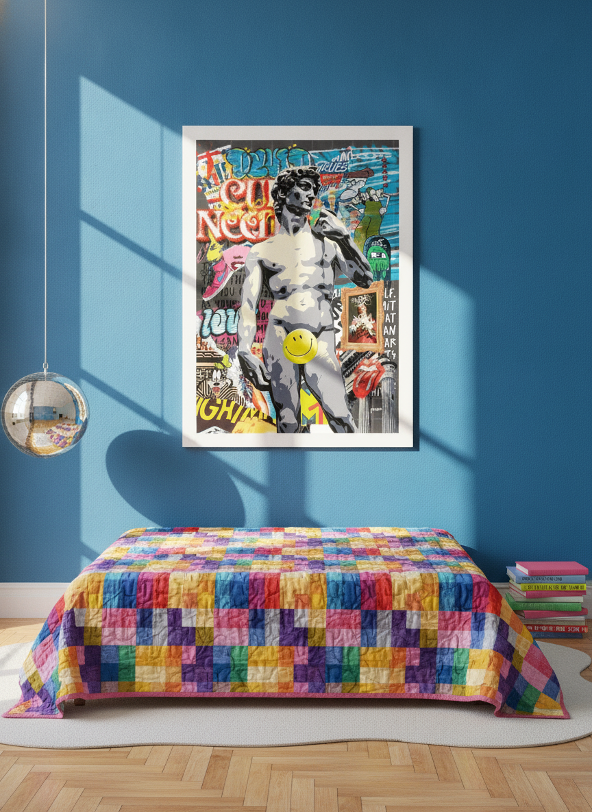 Modern wall art print styled on the wall in a colourful eclectic bedroom