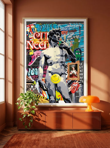 Modern wall art print styled on the wall in a retro 70s living room