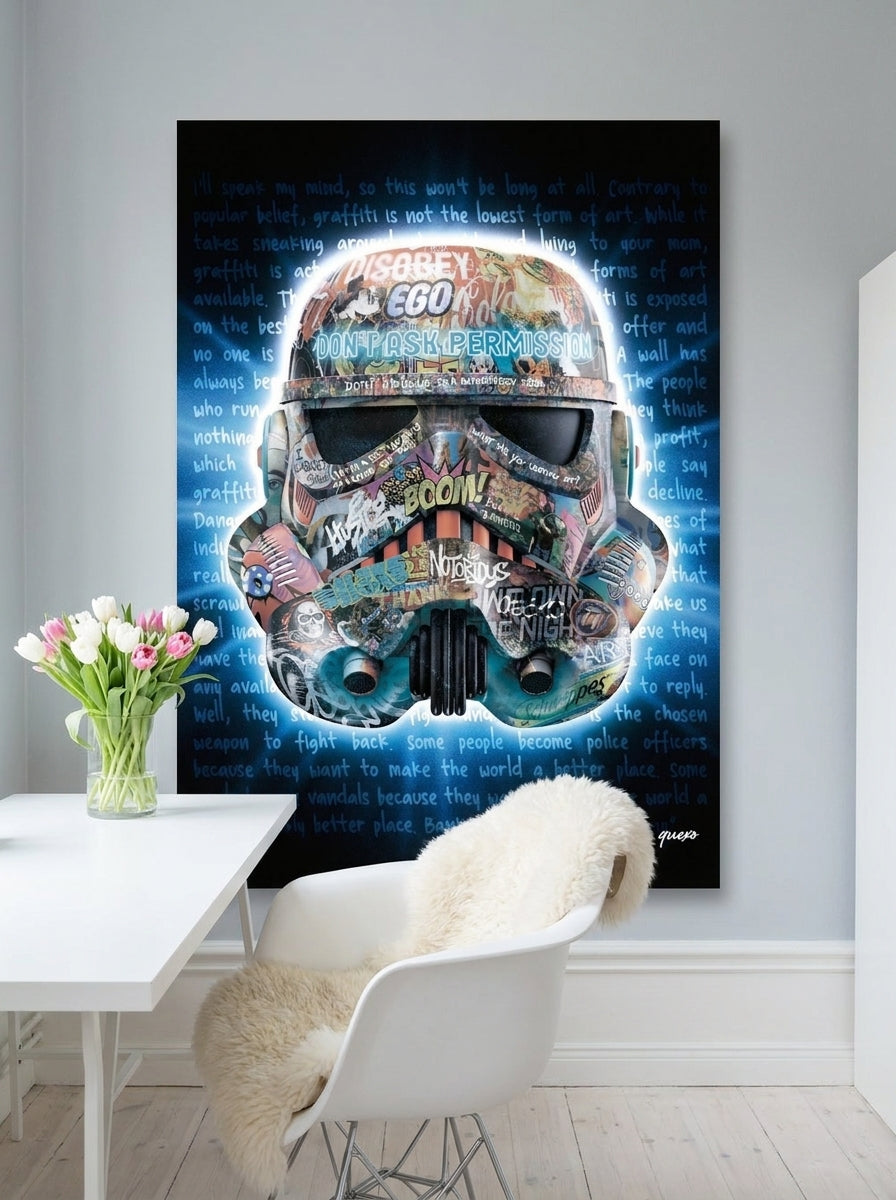 Stretched canvas wall art styled on the wall in a bright Scandinavian home office