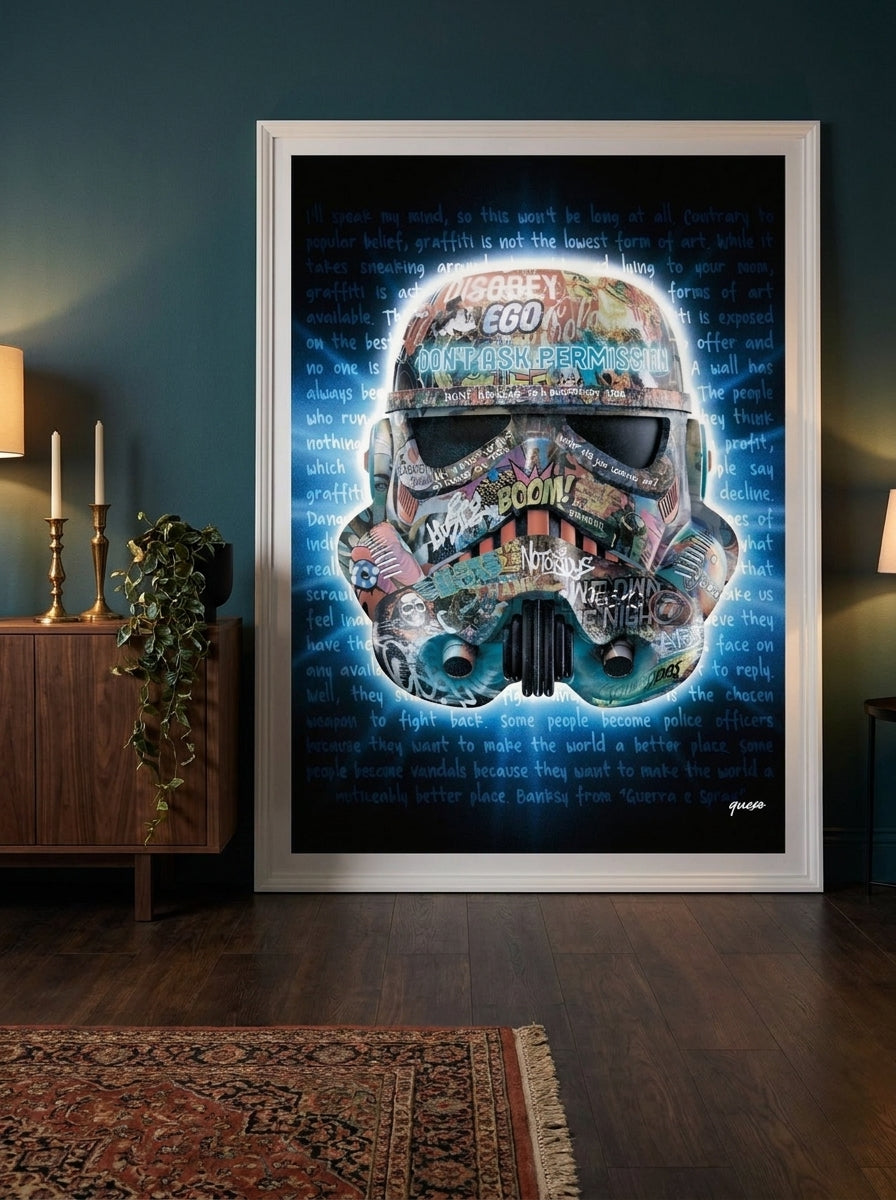 Modern wall art print standing on a sideboard in a moody home office