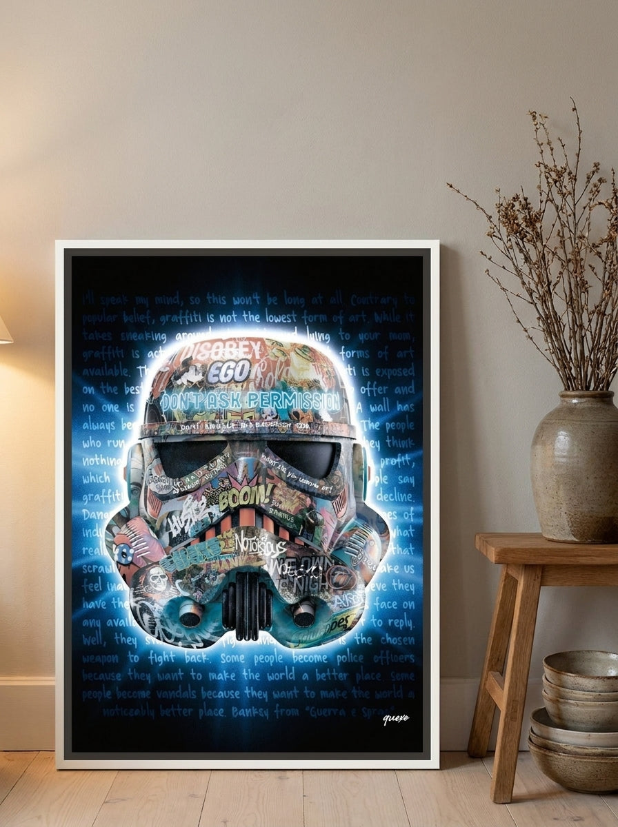 Canvas wall art with a white surround leaning against the wall in a warm Japandi living room