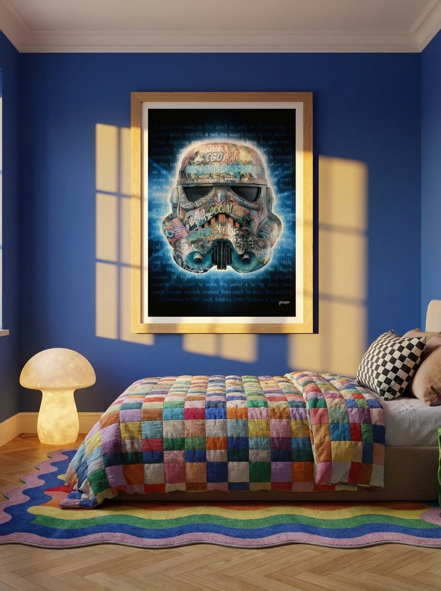 Modern wall art print styled on the wall in a colourful eclectic bedroom