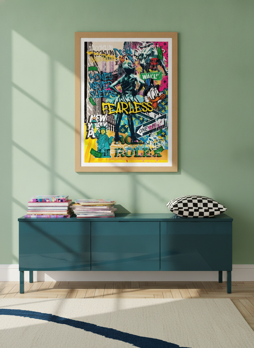 Modern wall art print styled on the wall in a colourful eclectic living room