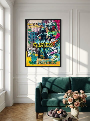 Oversized statement canvas wall art with a black surround styled on the wall in a Parisian living room