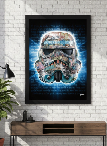 Oversized statement modern wall art print styled on the wall in an industrial loft living room