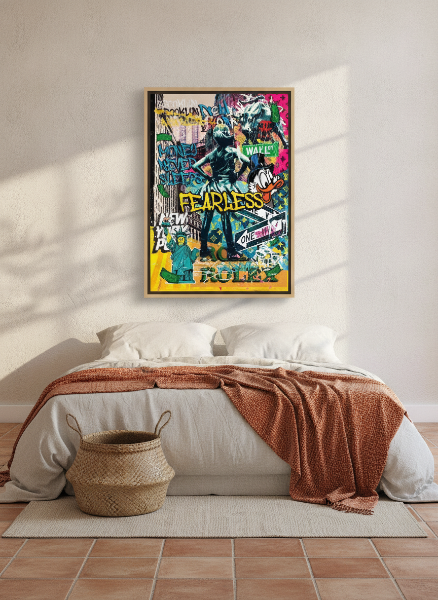 Canvas wall art with a natural timber surround styled on the wall in a Mediterranean bedroom
