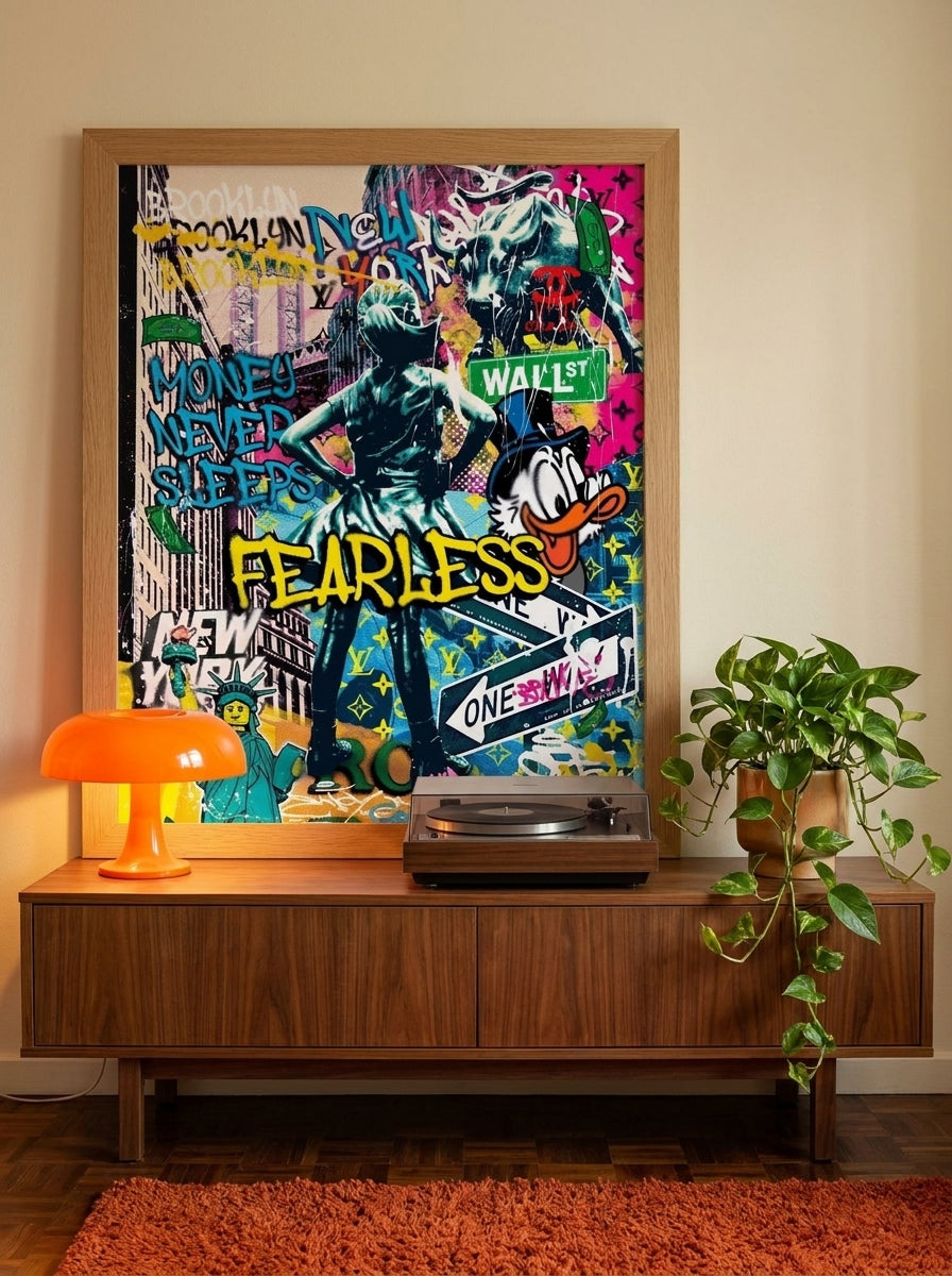 Modern wall art print standing on a sideboard in a retro 70s bedroom