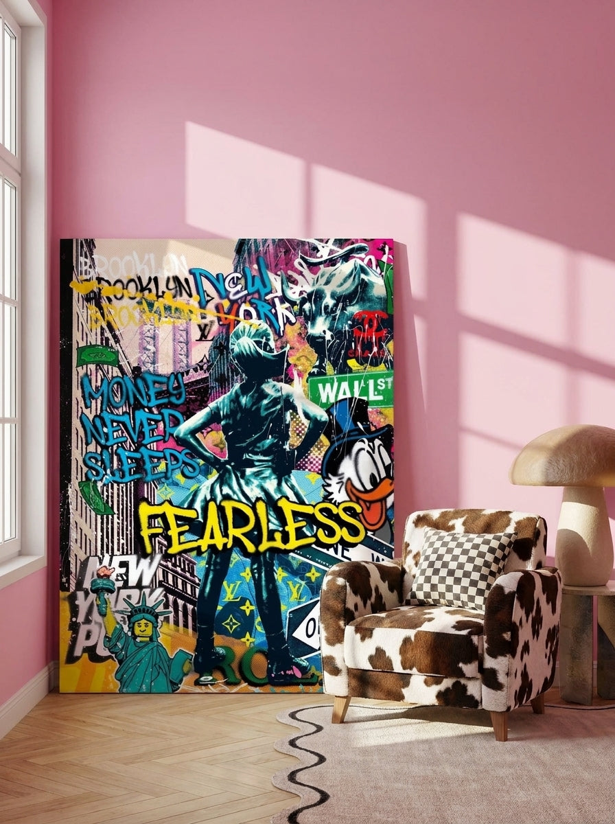 Stretched canvas wall art leaning against the wall in a colourful eclectic dining room