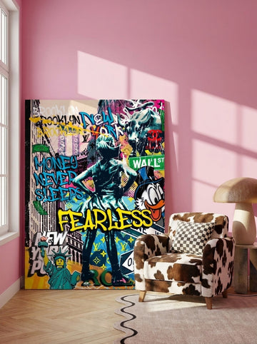 Stretched canvas wall art leaning against the wall in a colourful eclectic dining room