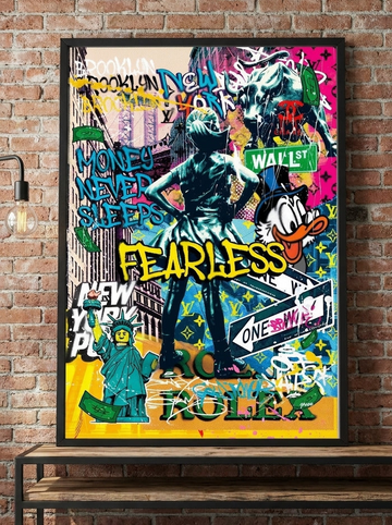 Modern wall art print standing on a console in an industrial loft home office