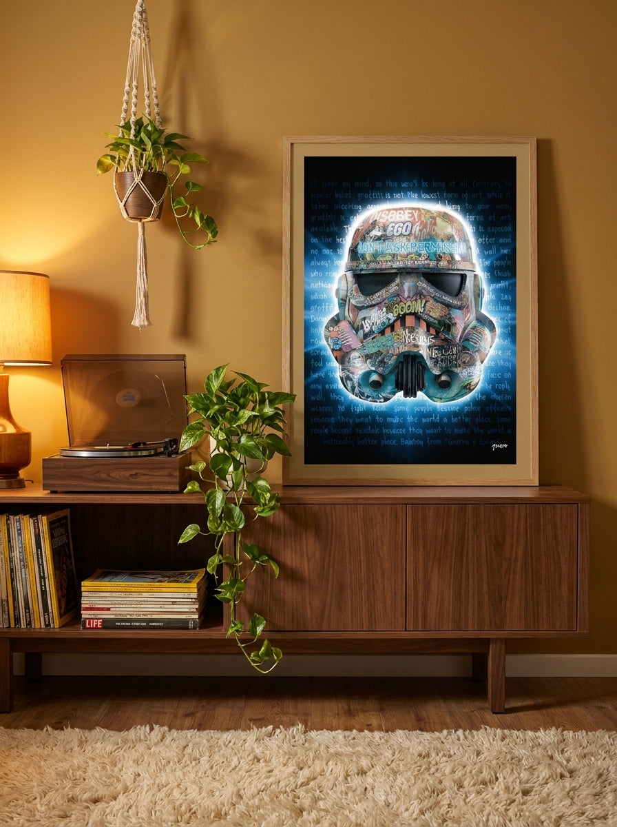 Modern wall art print standing on a sideboard in a retro 70s bedroom