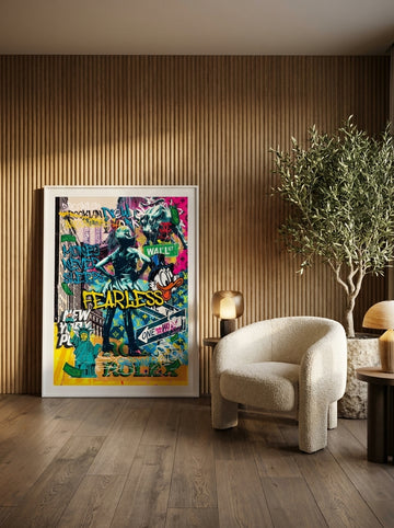 Modern wall art print leaning against the wall in a luxe home office