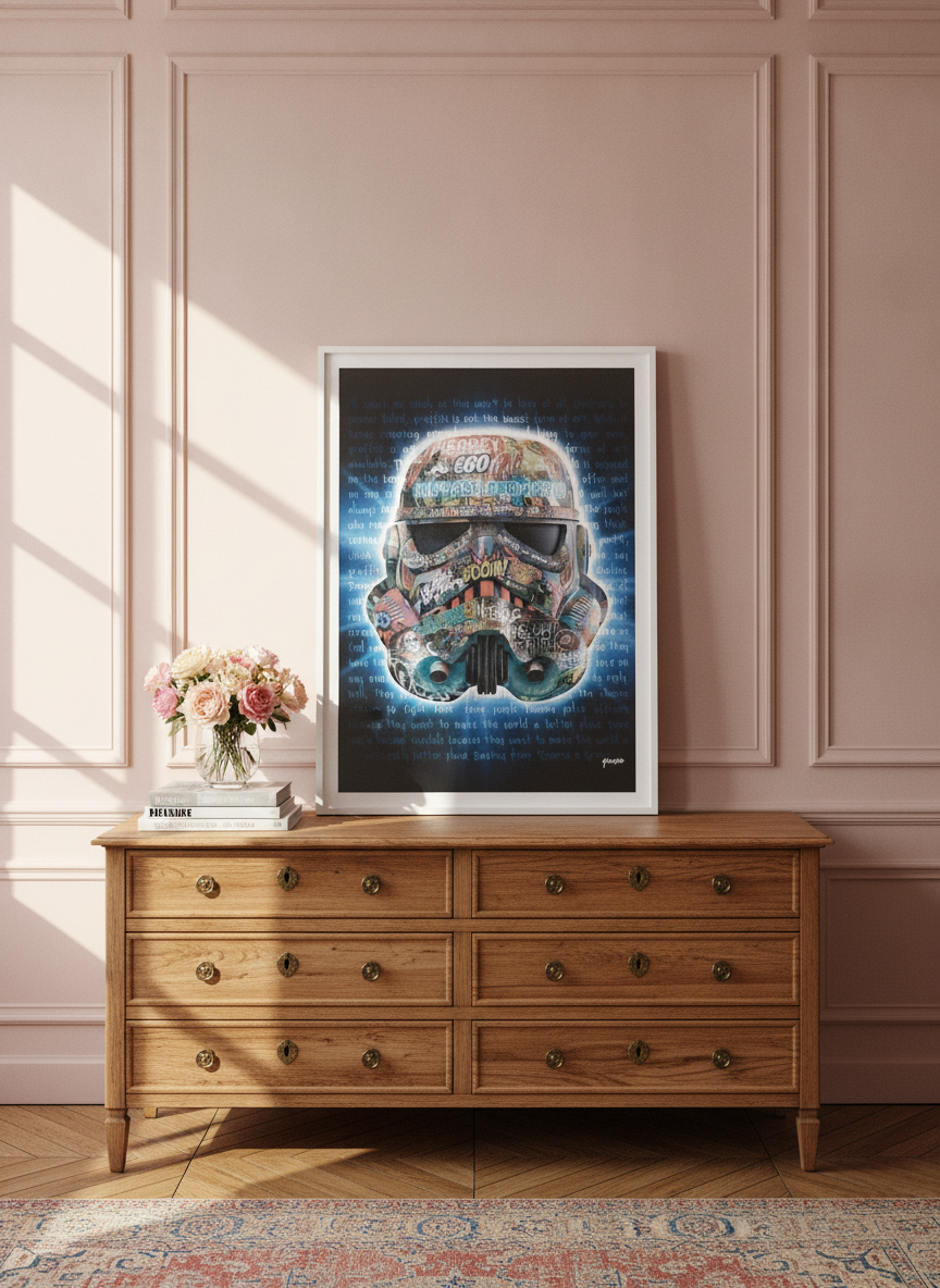 Modern wall art print standing on a sideboard in a Parisian living room