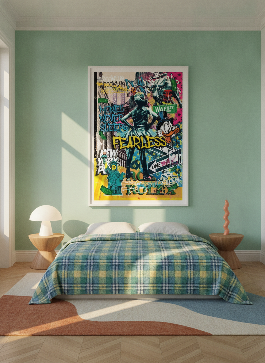 Oversized statement modern wall art print styled on the wall in a colourful eclectic bedroom