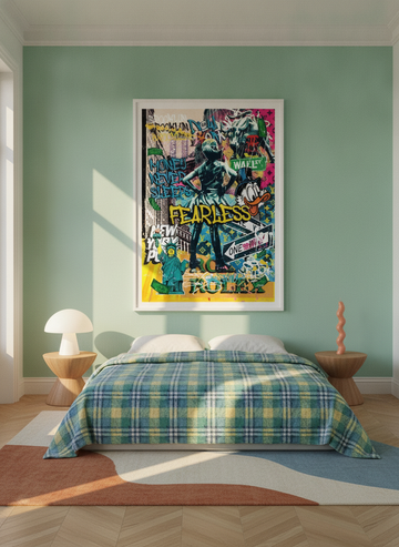 Oversized statement modern wall art print styled on the wall in a colourful eclectic bedroom
