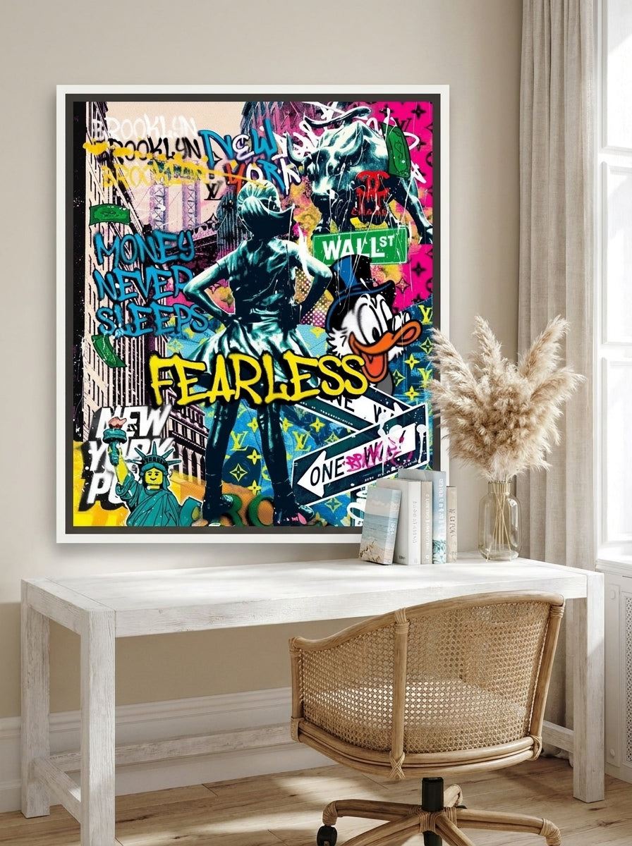 Canvas wall art with a white surround styled on the wall in a coastal home office