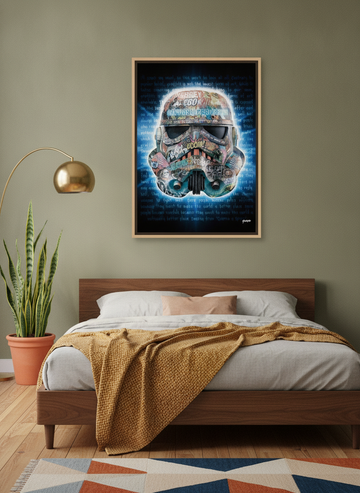 Canvas wall art with a natural timber surround styled on the wall in a mid-century bedroom