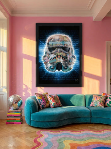 Oversized statement modern wall art print styled on the wall in a colourful eclectic living room