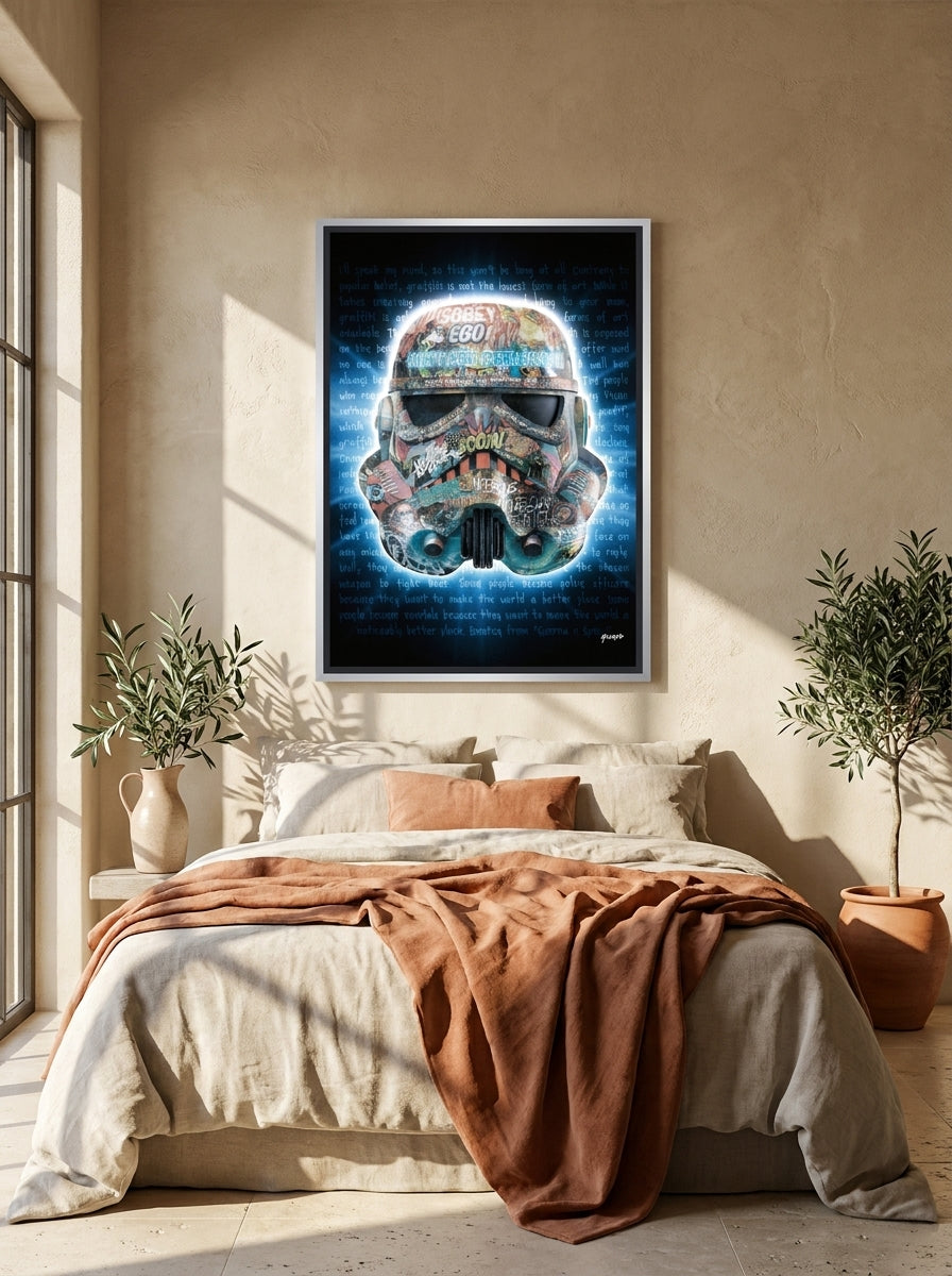 Canvas wall art with a silver leaf surround styled on the wall in a Mediterranean bedroom