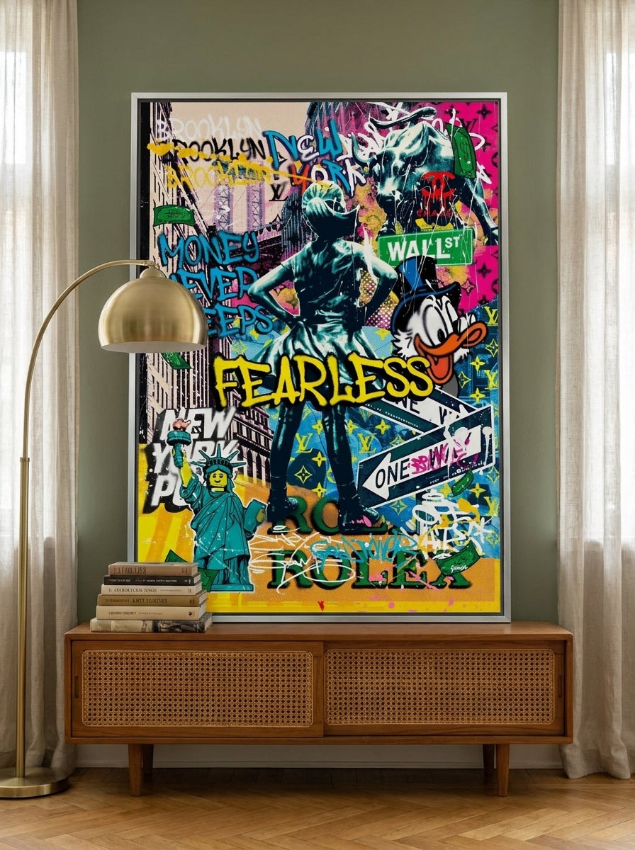 Canvas wall art with a silver leaf surround standing on a sideboard in a mid-century bedroom