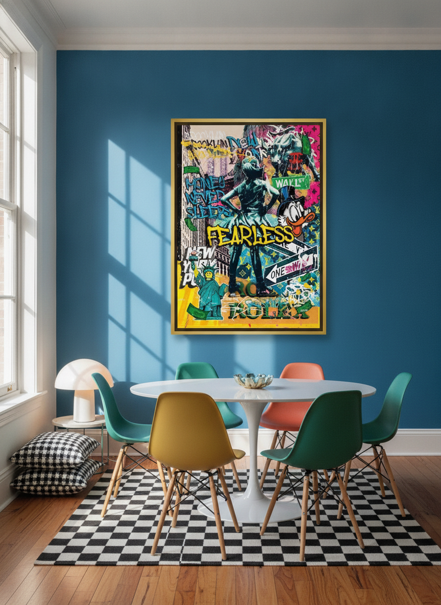 Oversized statement canvas wall art with a gold leaf surround styled on the wall in a colourful eclectic dining room