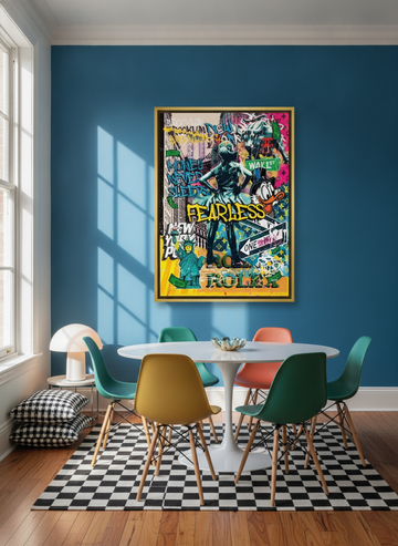 Oversized statement canvas wall art with a gold leaf surround styled on the wall in a colourful eclectic dining room