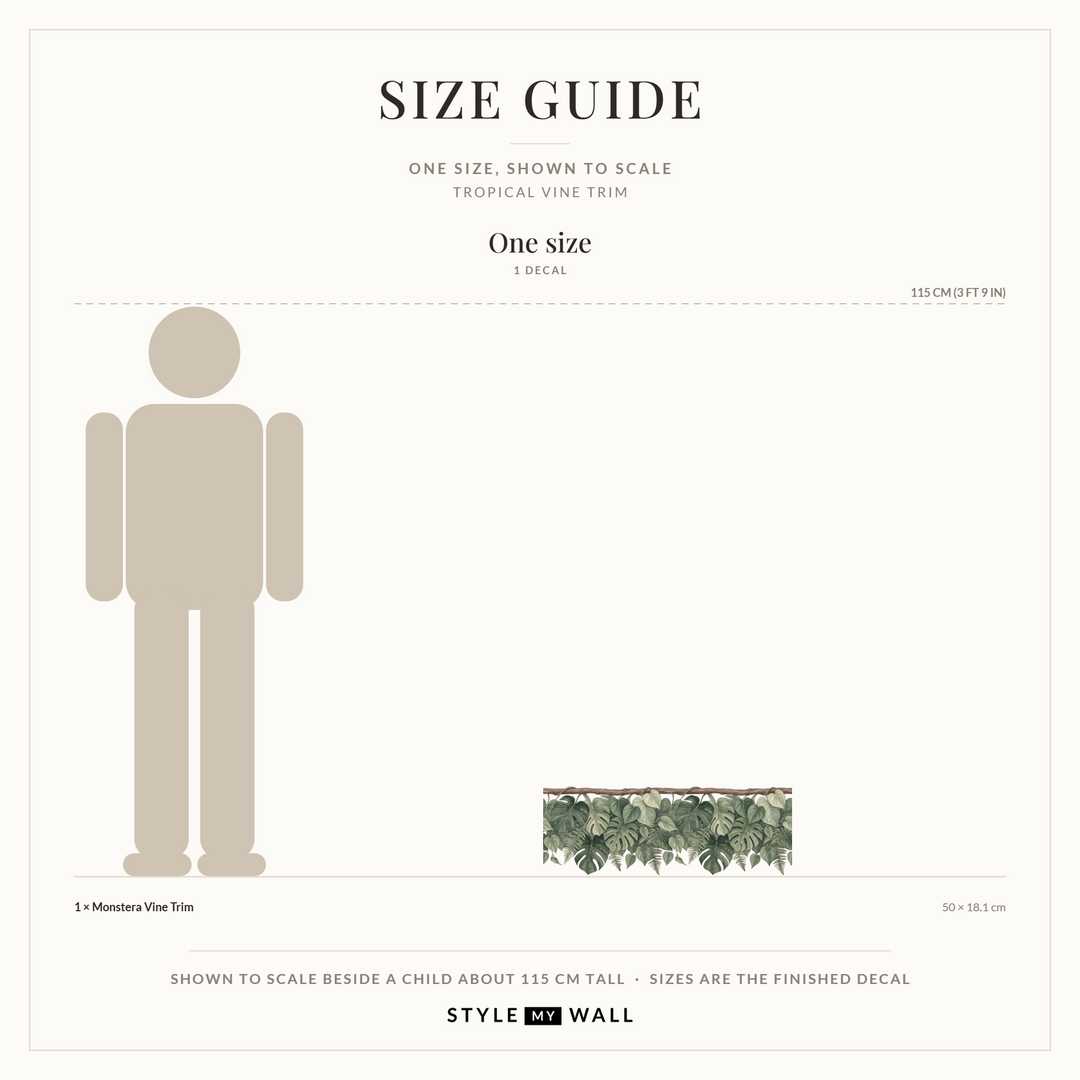 Monstera Vine Trim Wall Sticker Decals: size guide, every size shown to scale beside a child