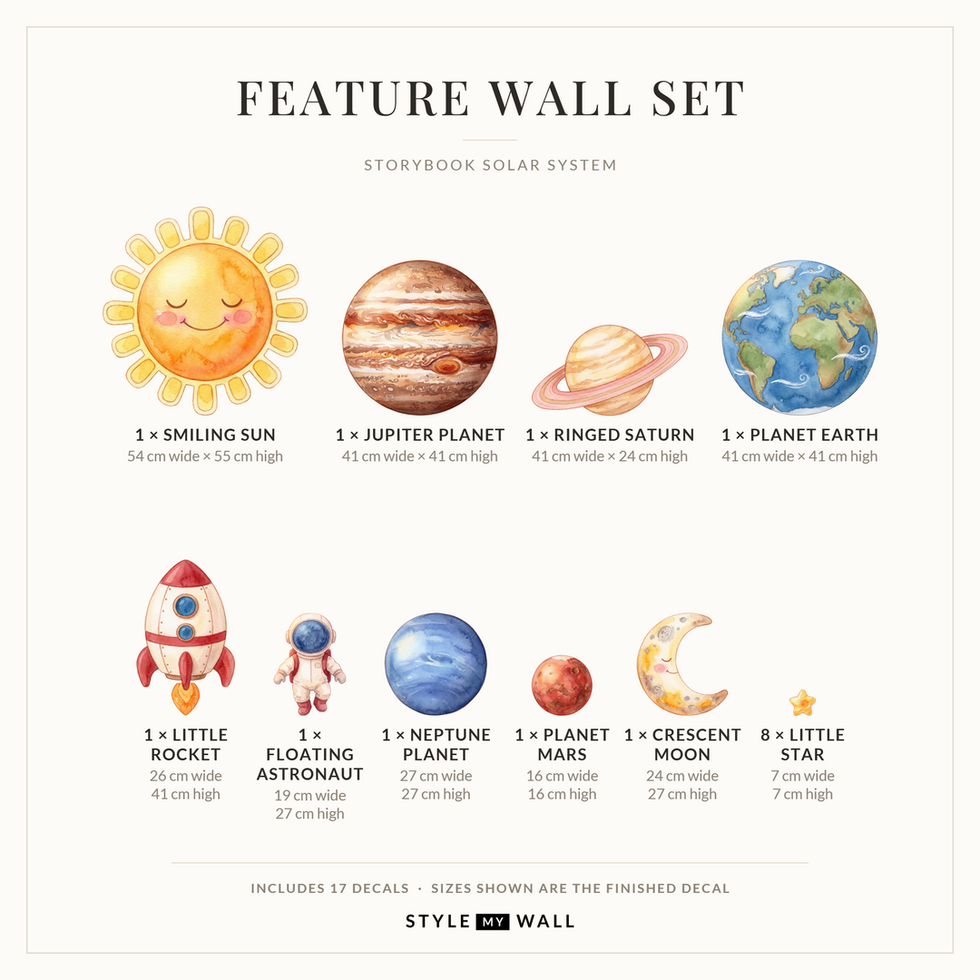 Storybook Solar System Wall Sticker Decals: Feature Wall Set sizes