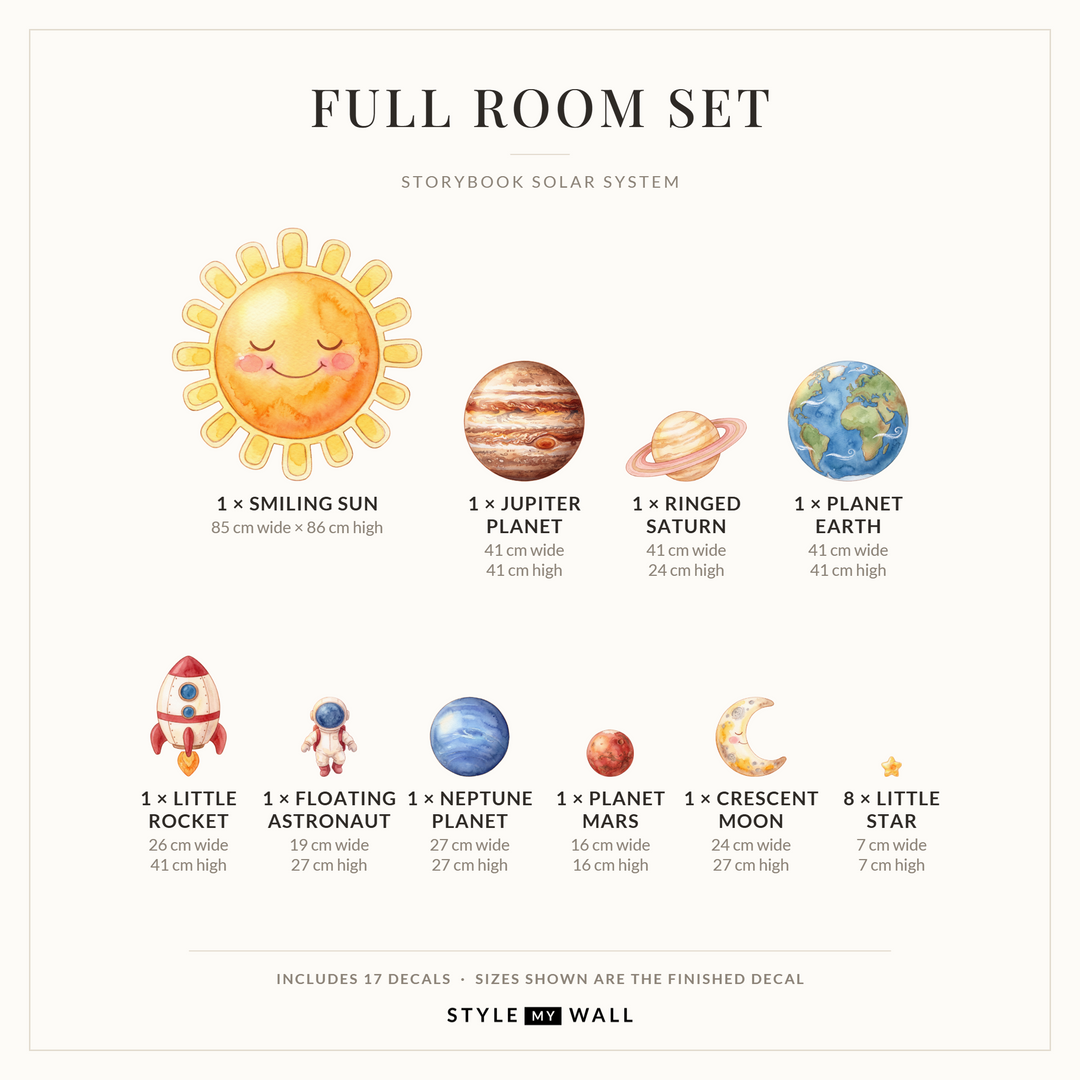 Storybook Solar System Wall Sticker Decals: Full Room Set sizes