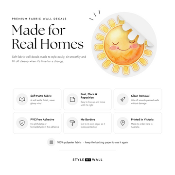 Storybook Solar System Wall Sticker Decals: soft matte fabric wall decals that peel, stick and reposition, printed in Victoria