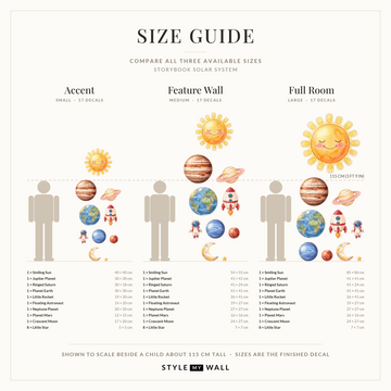 Storybook Solar System Wall Sticker Decals: size guide, every size shown to scale beside a child