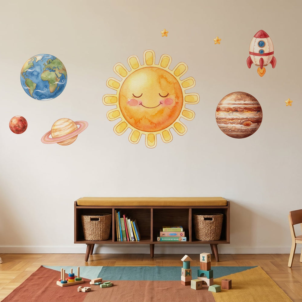 Storybook Solar System Wall Sticker Decals wall decals on a playroom wall (Full Room (Large) size)