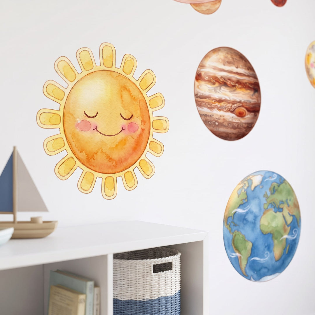 Storybook Solar System Wall Sticker Decals wall decals: a close-up of the decals from one side in a kids' room