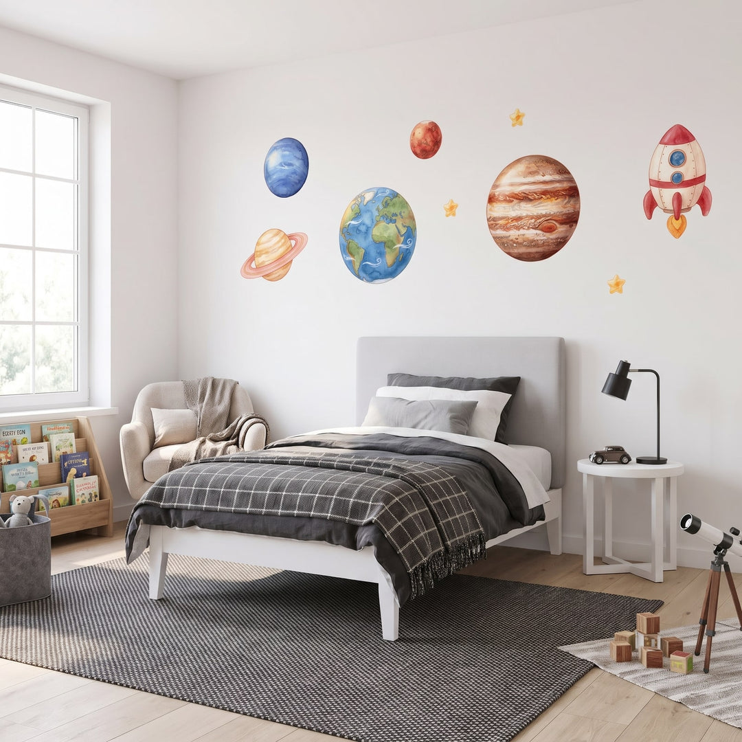 Storybook Solar System Wall Sticker Decals wall decals: the whole room from a corner in a boy's bedroom