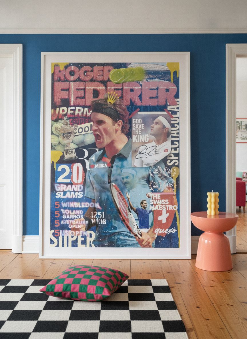 Oversized statement modern wall art print leaning against the wall in a colourful eclectic dining room