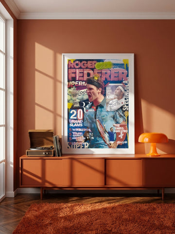 Modern wall art print standing on a sideboard in a retro 70s living room
