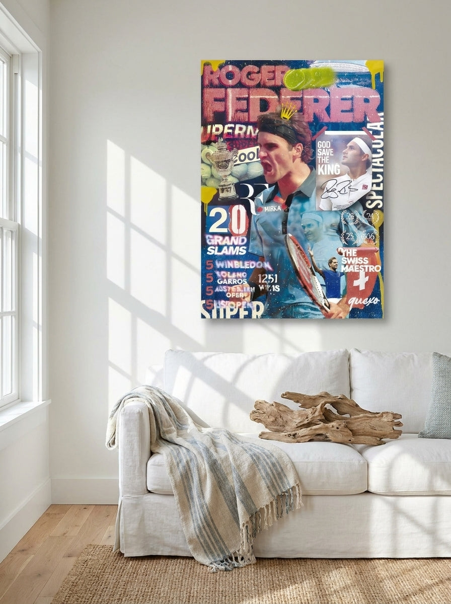 Stretched canvas wall art styled on the wall in a coastal living room