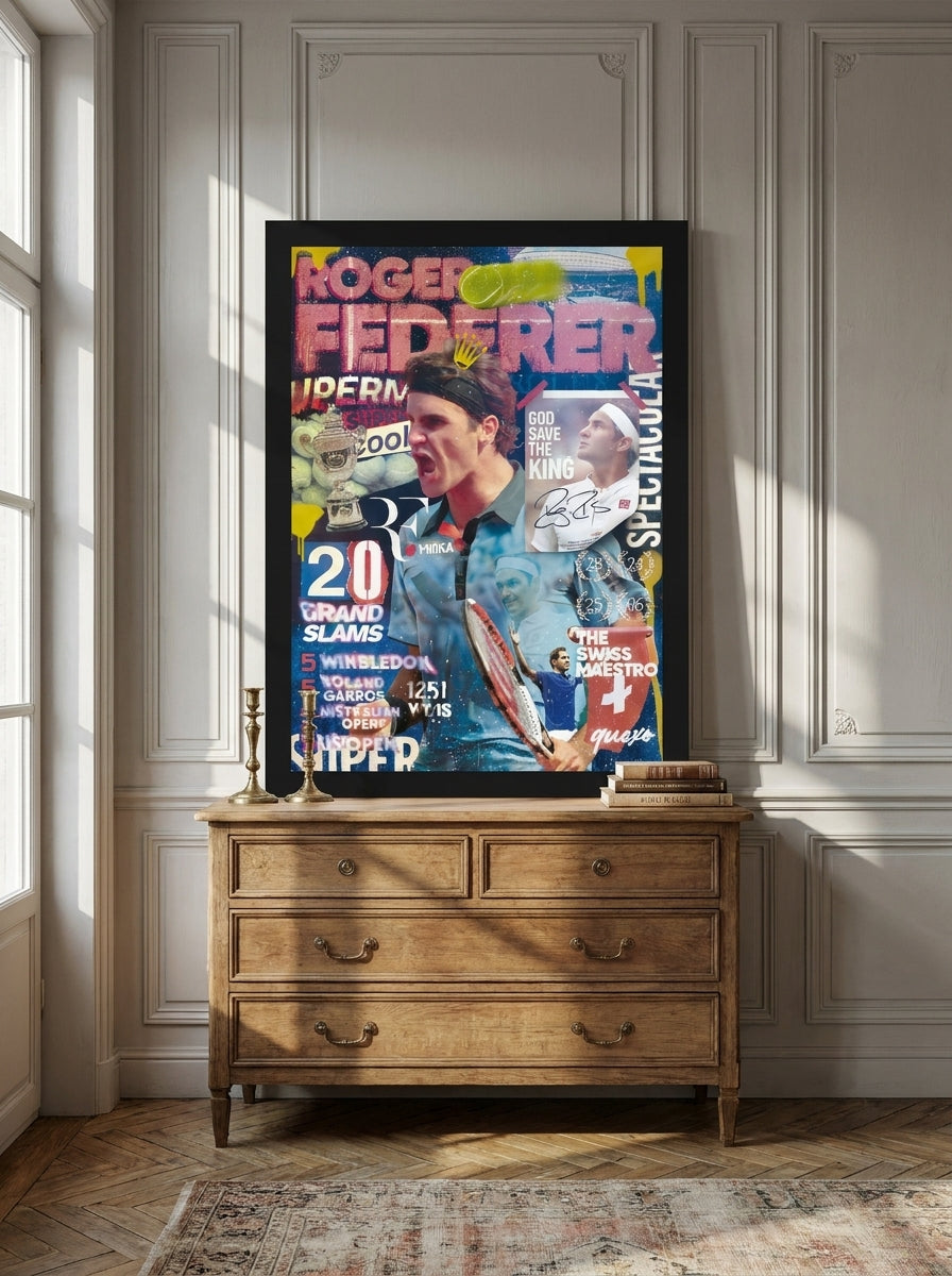 Modern wall art print standing on a sideboard in a Parisian home office